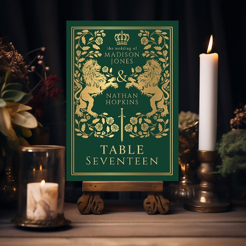 Green Royal Medieval Lion Wedding  Table Number