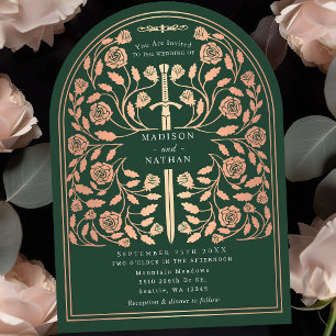Green Royal Medieval Rose Gold Sword Wedding Arch Invitation