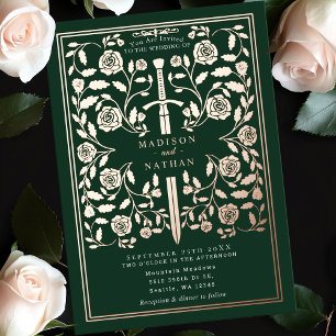 Green Royal Medieval Rose Gold  Sword Wedding  Foil Invitation