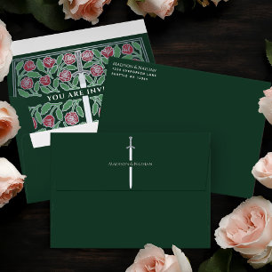 Green Royal Medieval Silver Floral Sword Wedding Envelope