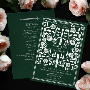 Green Royal Medieval Silver Sword Wedding Details Foil Invitation