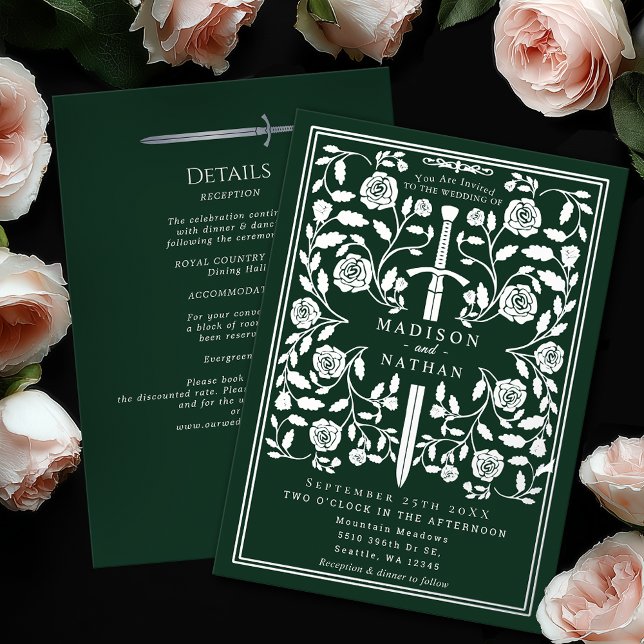 Green Royal Medieval Silver Sword Wedding Details Foil Invitation (Creator Uploaded)