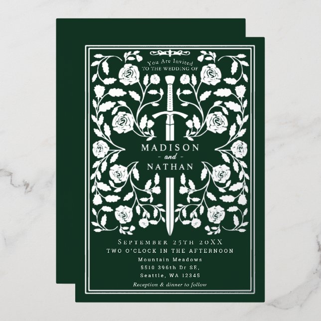 Green Royal Medieval Silver Sword Wedding Details Foil Invitation (Front/Back)