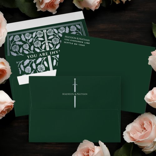 Green Royal Medieval Silver Sword Wedding Envelope
