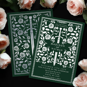Green Royal Medieval Silver Sword Wedding Foil Invitation