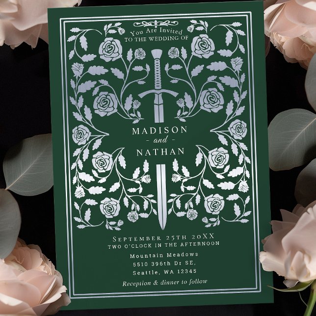 Green Royal Medieval Silver Sword Wedding  Invitation (Creator Uploaded)