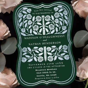Green Royal Medieval Silver Sword Wedding Invitation