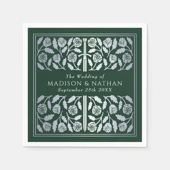 Green Royal Medieval Silver Sword Wedding Napkins (Front)