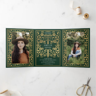 Green Royal Medieval Sword Photo Graduation Party Tri-Fold Invitation