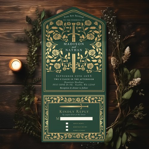 Green Royal Medieval Sword Wedding All In One Invitation