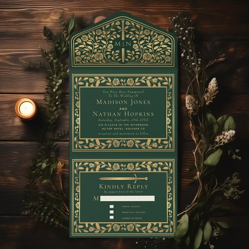 Green Royal Medieval Sword Wedding  All In One Invitation
