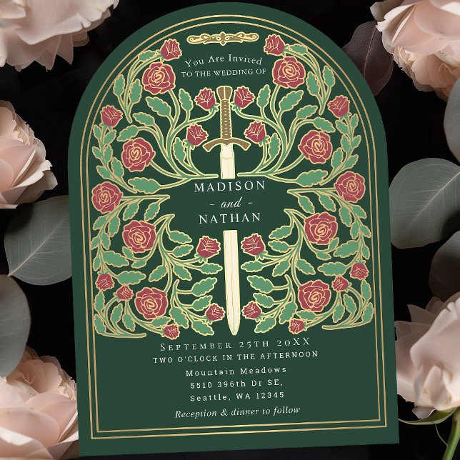 Green Royal Medieval Sword Wedding Arch Invitation (Creator Uploaded)