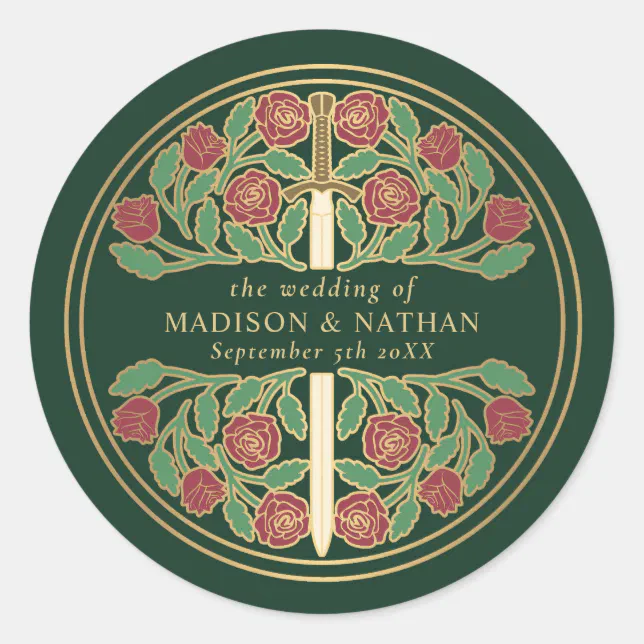 Green Royal Medieval Sword Wedding Classic Round Sticker | Zazzle