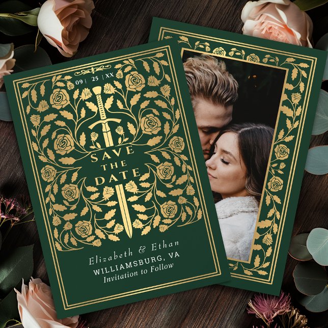 Green Royal Medieval Sword Wedding Photo Save The Date (Creator Uploaded)