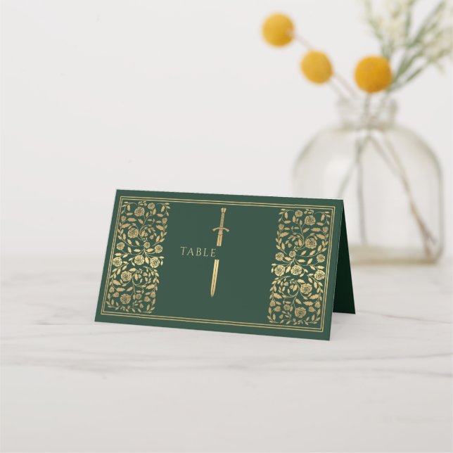 Green Royal Medieval Sword Wedding Place Card (Front)