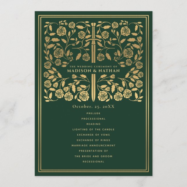 Green Royal Medieval Sword Wedding Program (Front)