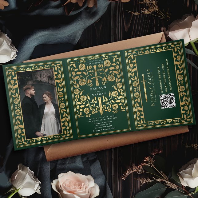 Green Royal Medieval Sword Wedding QR Code Tri-Fold Invitation (Creator Uploaded)