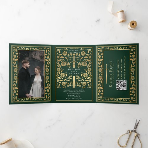 Green Royal Medieval Sword Wedding QR Code Tri_Fold Invitation