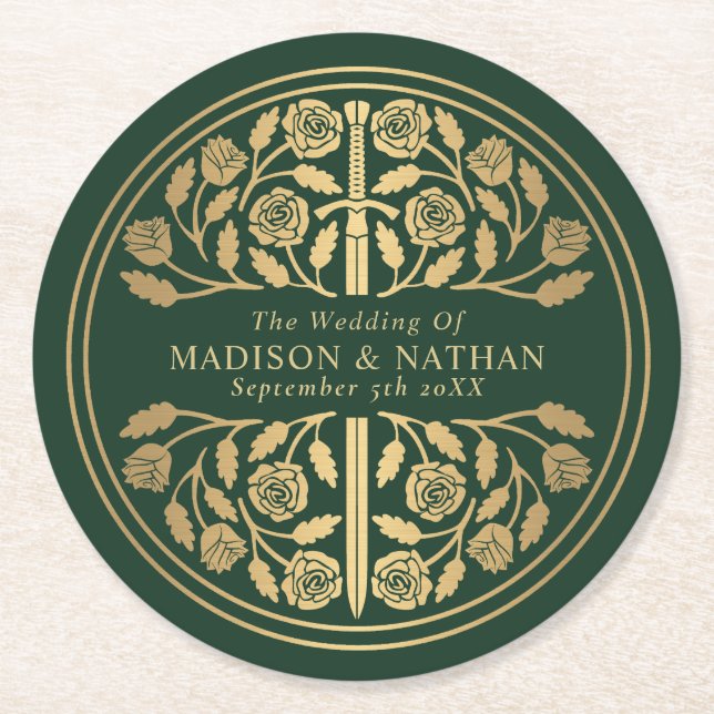 Green Royal Medieval Sword Wedding Round Paper Coaster (Front)
