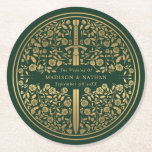 Green Royal Medieval Sword Wedding Round Paper Coaster<br><div class="desc">Celebrate your special day with this Royal Medieval Sword Wedding design. The design on the back of the invite is NOT real gold foil. You can customize this further by clicking on the "PERSONALIZE" button.</div>