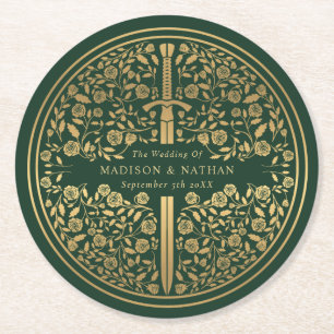 Green Royal Medieval Sword Wedding Round Paper Coaster