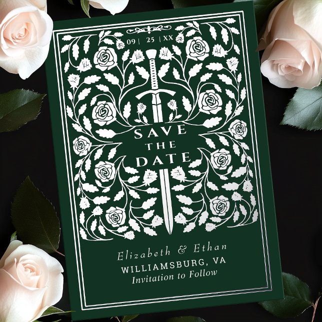 Green Royal Medieval Sword Wedding Save the Date Foil Invitation (Creator Uploaded)