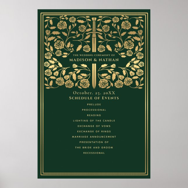 Green Royal Medieval Sword Wedding Schedule Poster (Front)