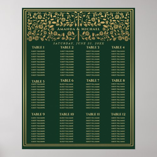 Green Royal Medieval Sword Wedding Seating Chart