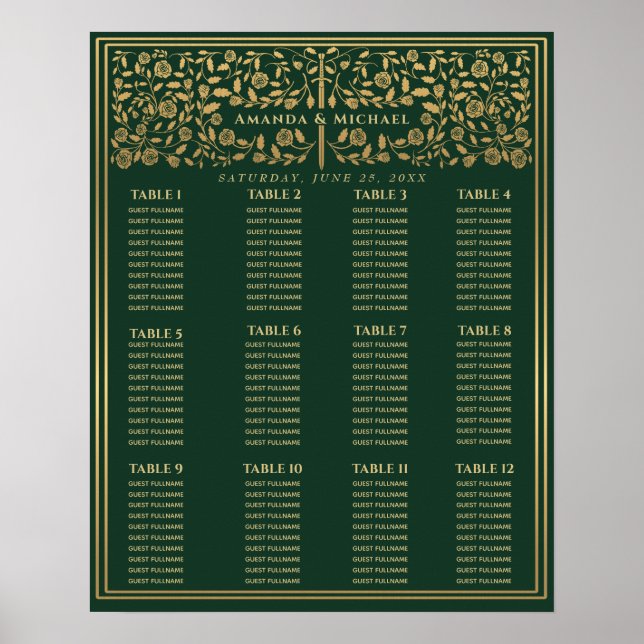 Green Royal Medieval Sword Wedding Seating Chart (Front)