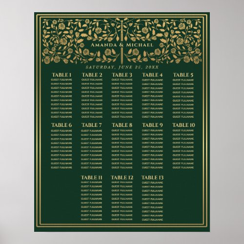 Green Royal Medieval Sword Wedding Seating Chart