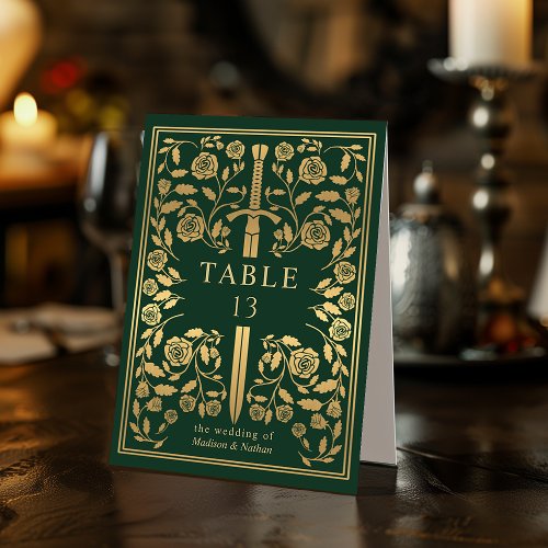 Green Royal Medieval Sword Wedding  Table Tent Sign