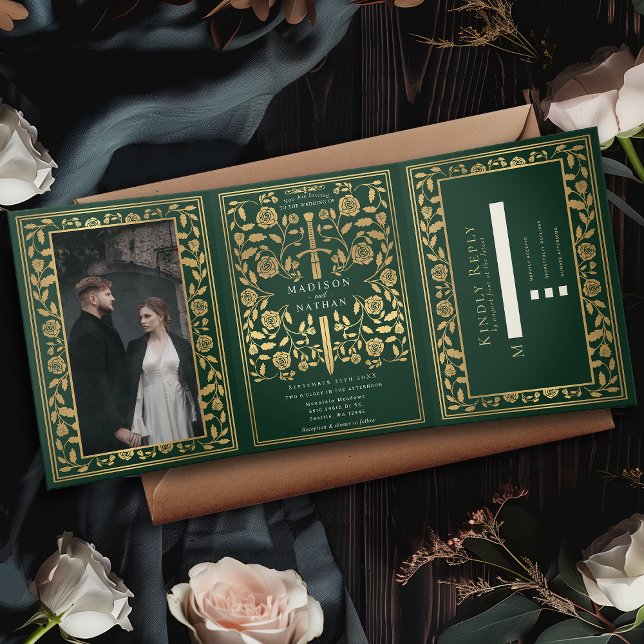 Green Royal Medieval Sword Wedding Tri-Fold Invitation (Creator Uploaded)