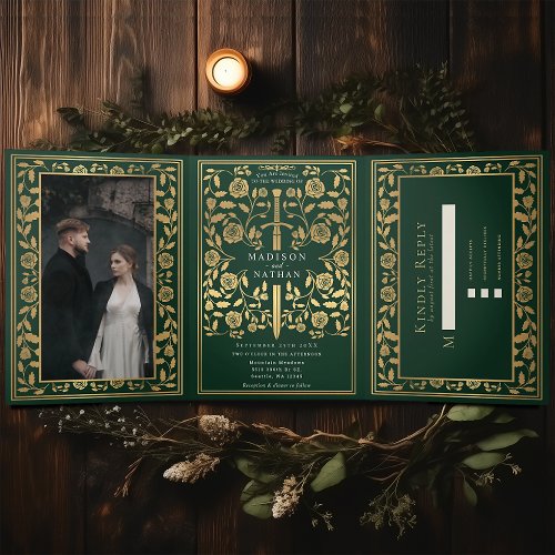 Green Royal Medieval Sword Wedding Tri_Fold Invitation