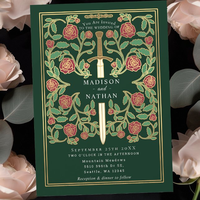 Green Royal Sword Floral Medieval Fantasy Wedding  Invitation (Creator Uploaded)