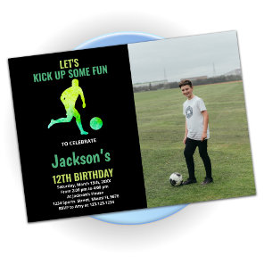 Green Running Soccer Birthday with photo Invitation