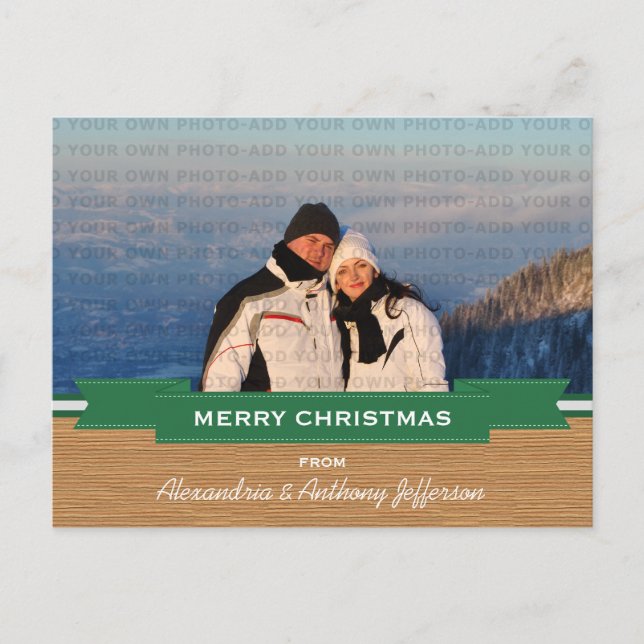 Green Rustic Banner Holiday Photo Postcard (Front)