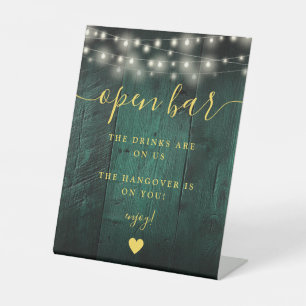 Green Rustic Barn Wood String Lights Open Bar Pedestal Sign