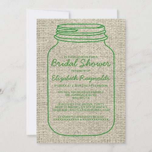 Green Rustic Burlap Mason Jar Bridal Shower Invite