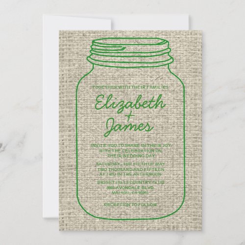 Green Rustic Burlap Mason Jar Wedding Invitations