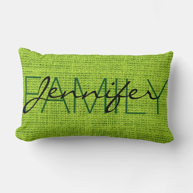Green Rustic Burlap Monogram Lumbar Pillow (Front)