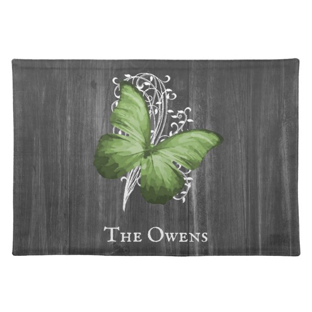 Green Rustic Butterfly Personalized Cloth Placemat (Front)