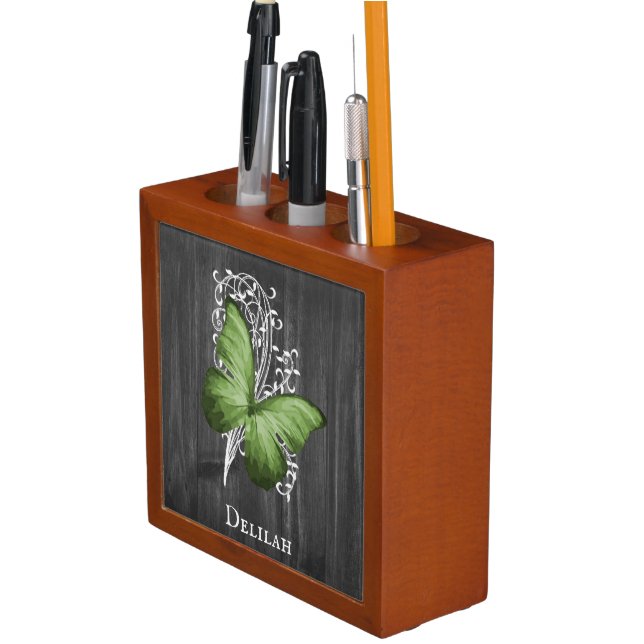 Green Rustic Butterfly Personalized Desk Organizer (In Situ)