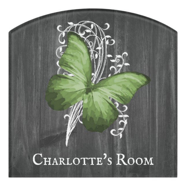 Green Rustic Butterfly Personalized Door Sign (Contour Front)