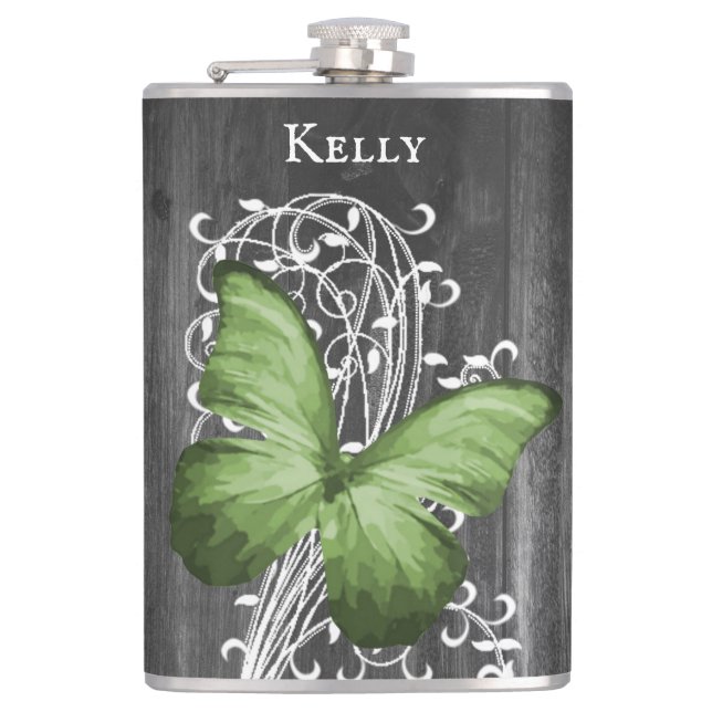 Green Rustic Butterfly Personalized Flask (Front)
