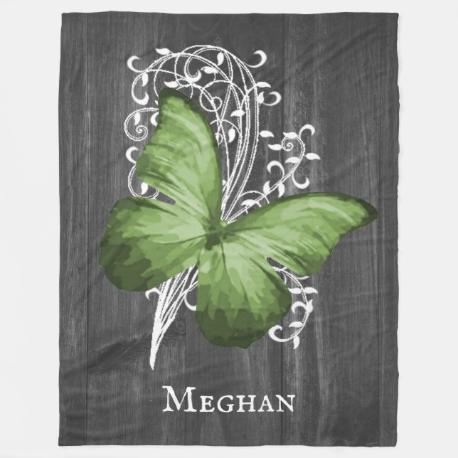 Green Rustic Butterfly Personalized Fleece Blanket (Front)