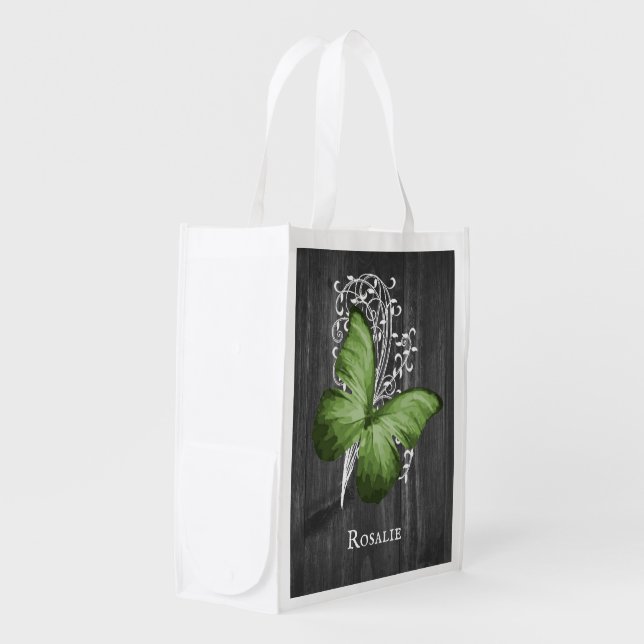 Green Rustic Butterfly Personalized Grocery Bag (Front Side)