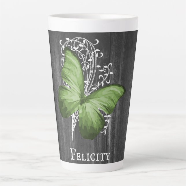 Green Rustic Butterfly Personalized Latte Mug (Front)