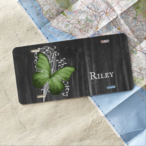 Green Rustic Butterfly Personalized License Plate