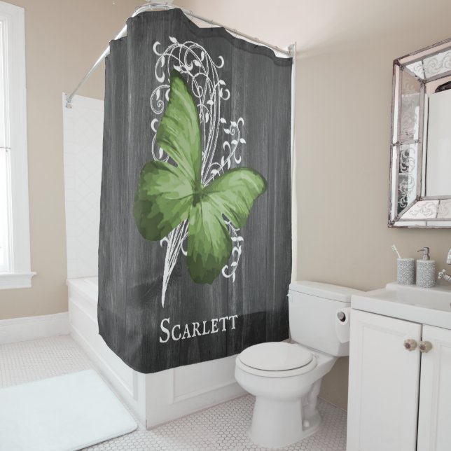 Green Rustic Butterfly Personalized Shower Curtain (In Situ)