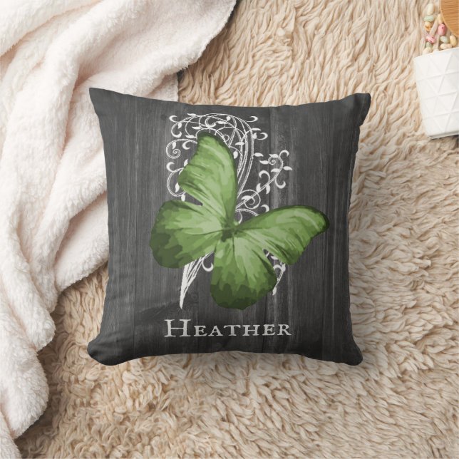 Green Rustic Butterfly Personalized Throw Pillow (Blanket)